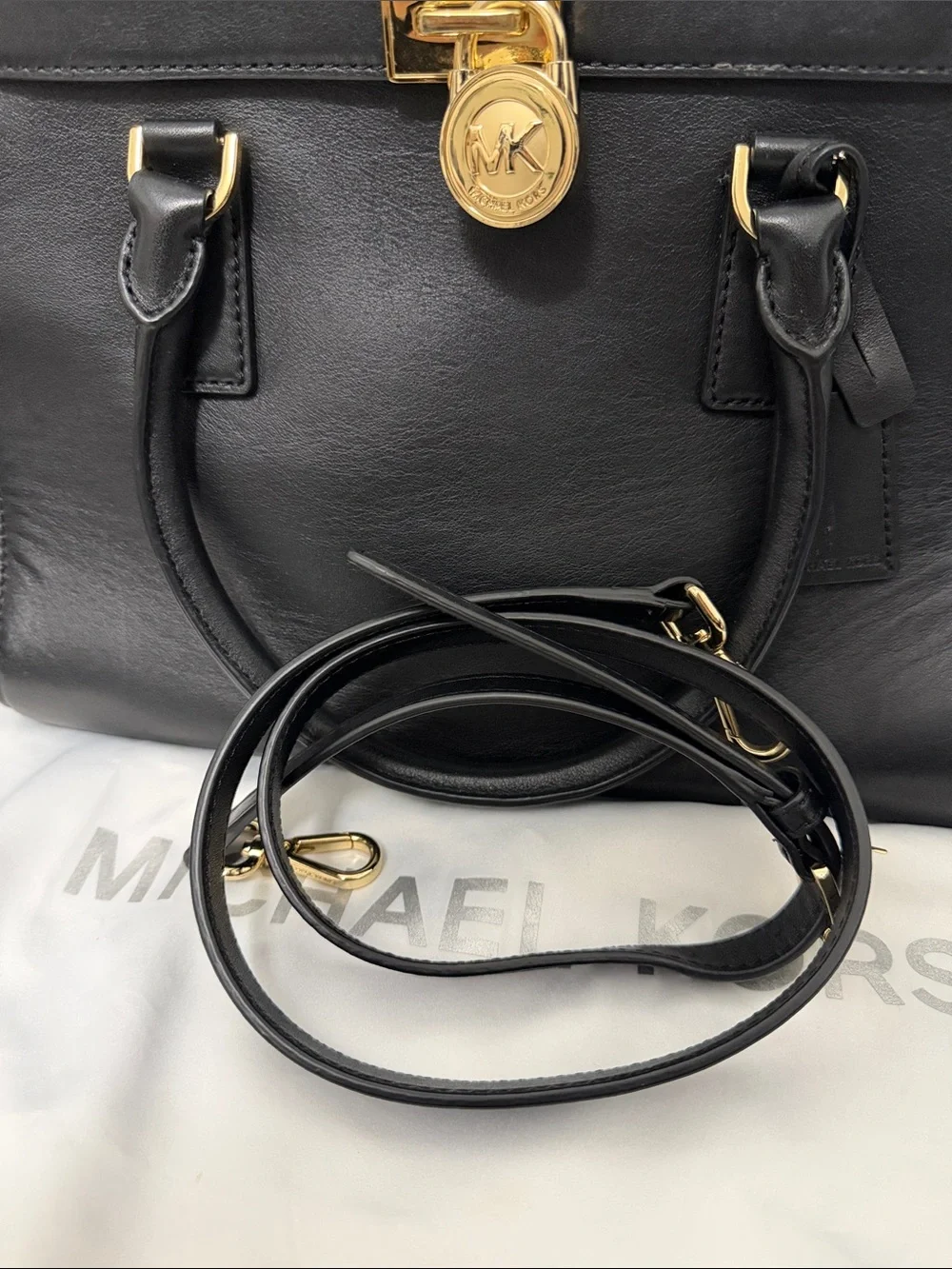 Michael Kors Black Leather Satchel with Gold Accent Charm
